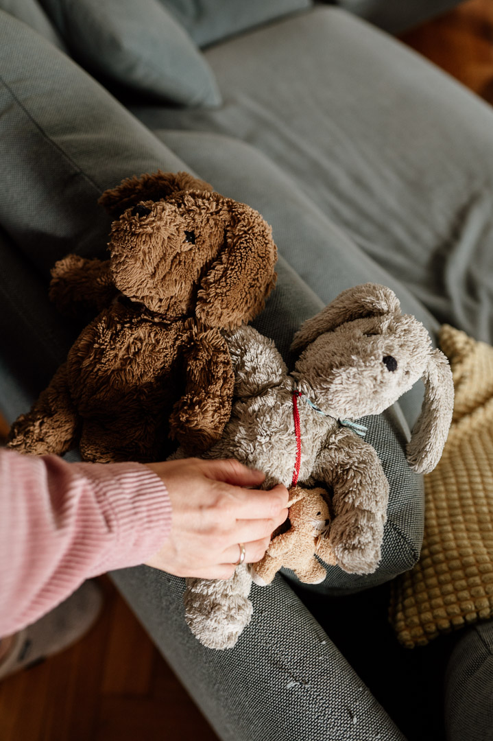 alte Plüschtierhunde werden auf die Couch gelegt